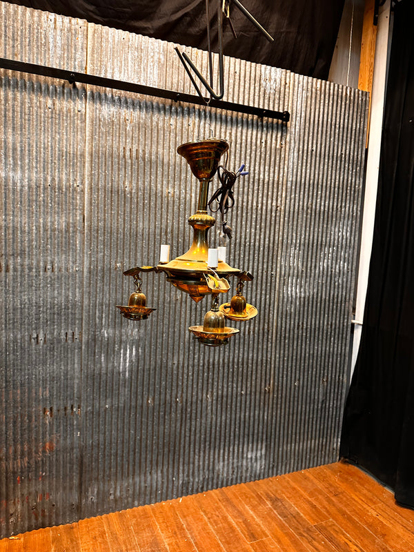 ART DECO BRASS TRIPLE-LIGHT HANGING PAN-STYLE LIGHT FIXTURE WITH CANDLE LIGHTS GA10072
