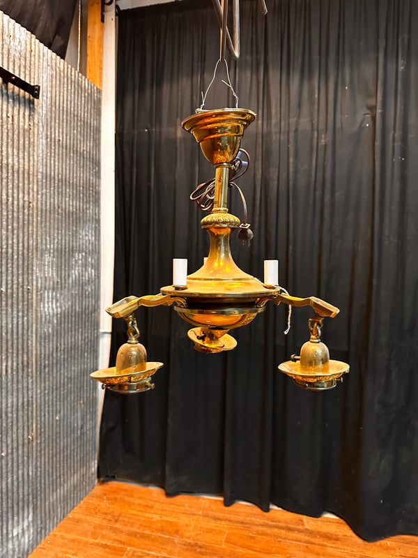 ART DECO BRASS TRIPLE-LIGHT HANGING PAN-STYLE LIGHT FIXTURE WITH CANDLE LIGHTS GA10072