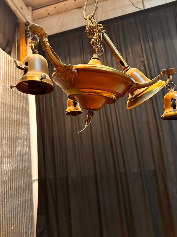 ART DECO BRASS TRIPLE-ARM HANGING PAN-STYLE LIGHT FIXTURE GA10076