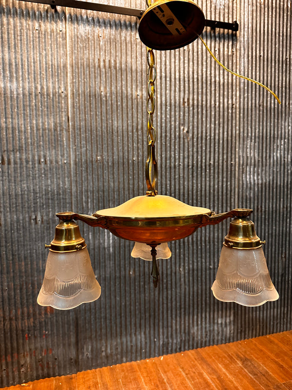 ART DECO BRASS THREE-LIGHT PAN-STYLE LIGHT FIXTURE (SHADES INCLUDED) GA10080