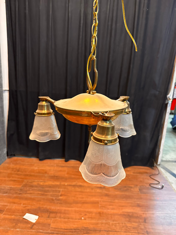 ART DECO BRASS THREE-LIGHT PAN-STYLE LIGHT FIXTURE (SHADES INCLUDED) GA10080