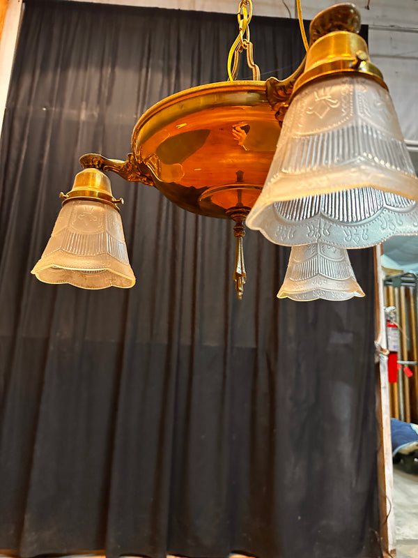 ART DECO BRASS THREE-LIGHT PAN-STYLE LIGHT FIXTURE (SHADES INCLUDED) GA10080