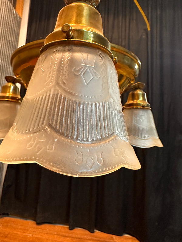 ART DECO BRASS THREE-LIGHT PAN-STYLE LIGHT FIXTURE (SHADES INCLUDED) GA10080