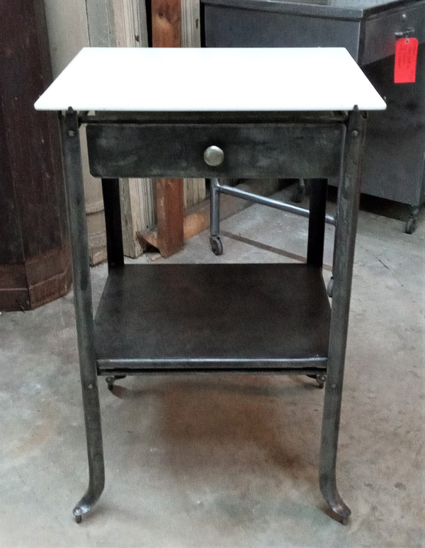 1920's Steel Medical Cabinet with White Ultralight Glass Top on Wheels GA9361