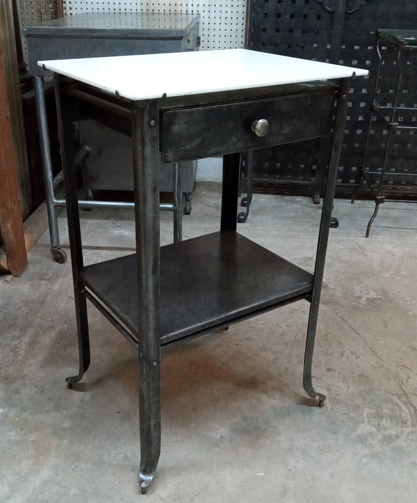 1920's Steel Medical Cabinet with White Ultralight Glass Top on Wheels GA9361