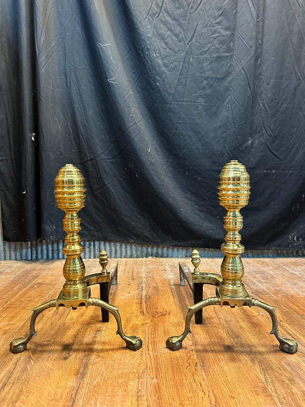 Brass Beehive Andiron Pair w/ Chippendale Claw Feet GA20124