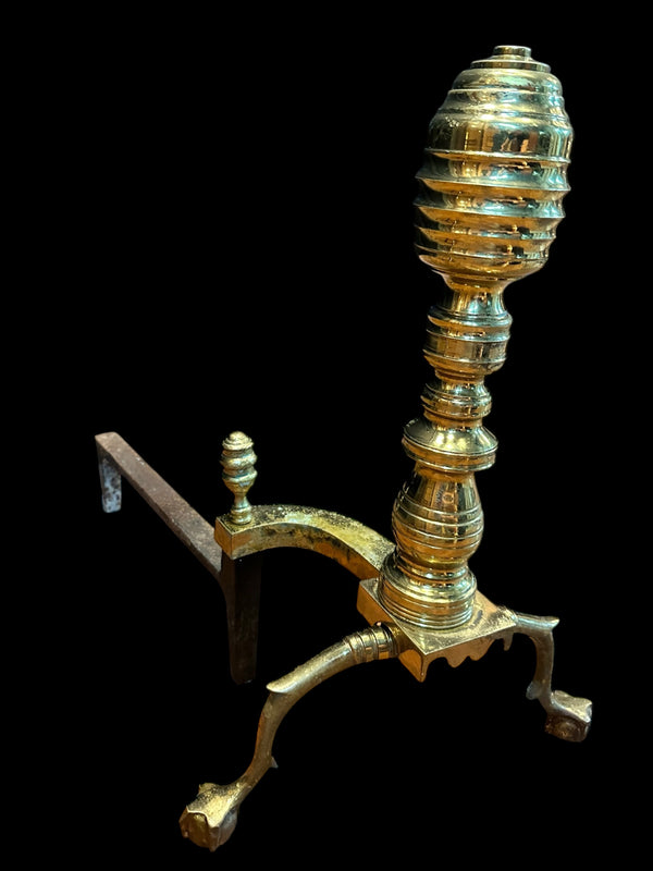 Brass Beehive Andiron Pair w/ Chippendale Claw Feet GA20124