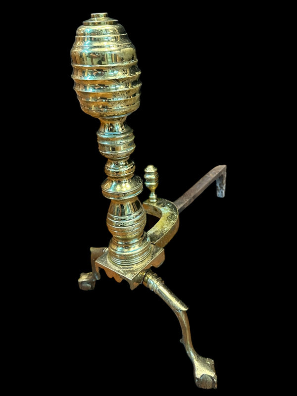 Brass Beehive Andiron Pair w/ Chippendale Claw Feet GA20124