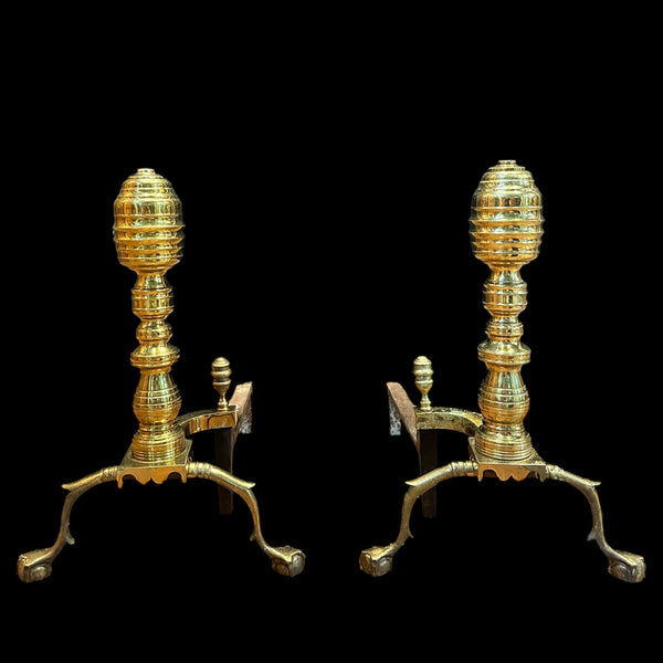 Brass Beehive Andiron Pair w/ Chippendale Claw Feet GA20124