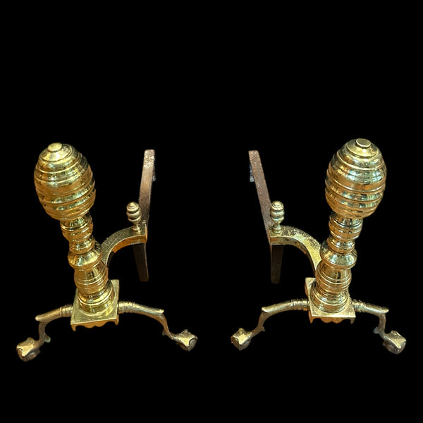 Brass Beehive Andiron Pair w/ Chippendale Claw Feet GA20124