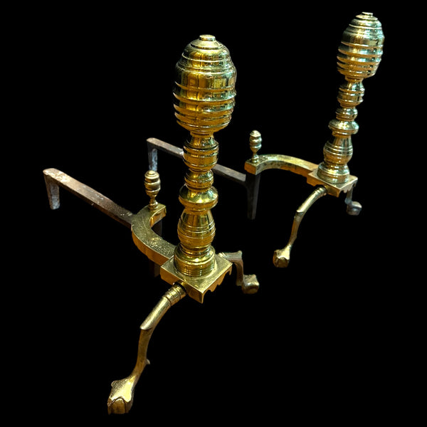 Brass Beehive Andiron Pair w/ Chippendale Claw Feet GA20124
