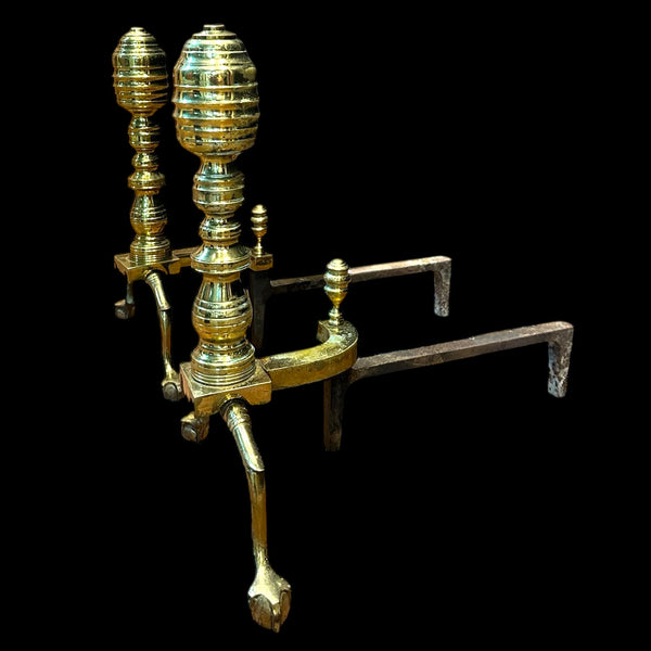 Brass Beehive Andiron Pair w/ Chippendale Claw Feet GA20124