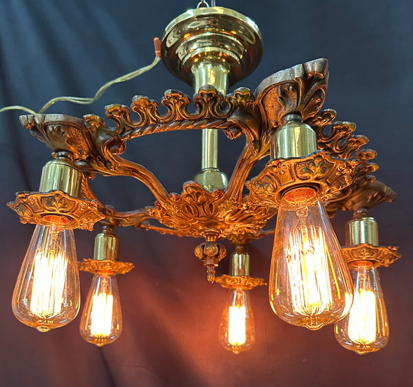 Restored Art Nouveau Brass 5-Light Chandelier GA20363