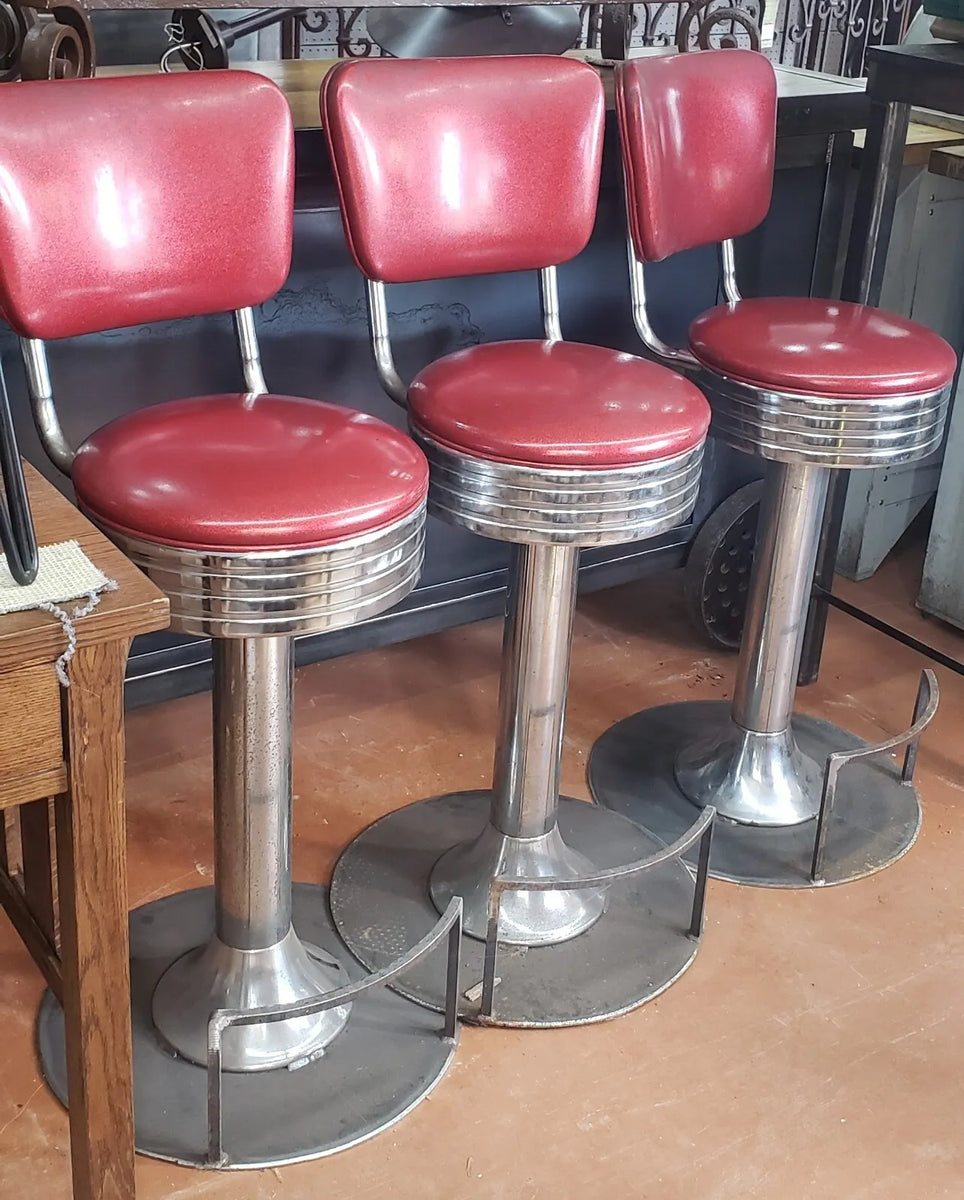 Rétro VTG 60s Counter Bar Stool Perfect‼️ 3 Vintage Chrome & Red Vinyl Bar Stools with Bottom Base & Foot