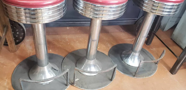 3 Vintage Chrome & Red Vinyl Bar Stools with Bottom Base & Foot Rest GA9860