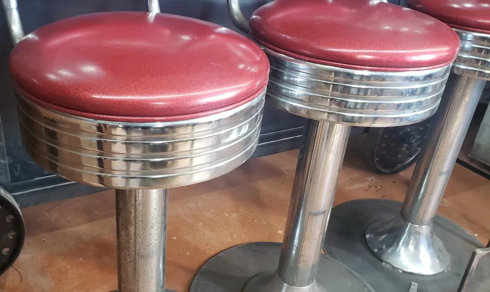 3 Vintage Chrome & Red Vinyl Bar Stools with Bottom Base & Foot