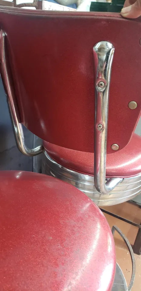 3 Vintage Chrome & Red Vinyl Bar Stools with Bottom Base & Foot Rest GA9860