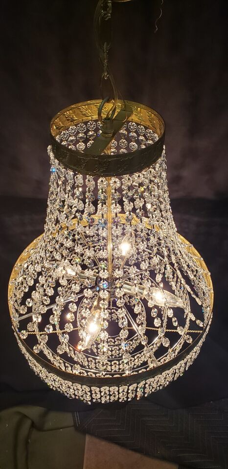 Stunning 4 Light Cut Crystal Iridescent Prism Chandelier with Gold Leaf Trim #GA2017