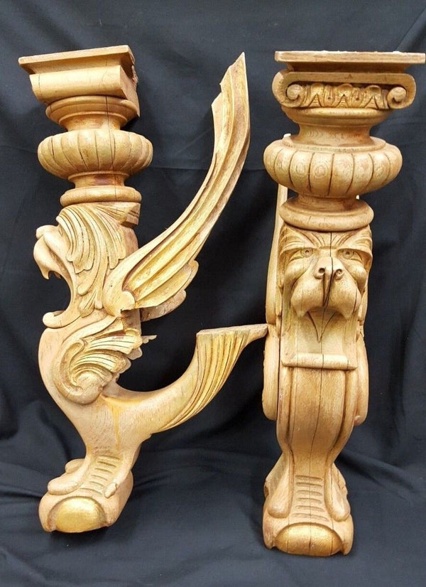 Pair of Antique Hand Carved Oak Griffin Designed Furniture Accessories #GA15