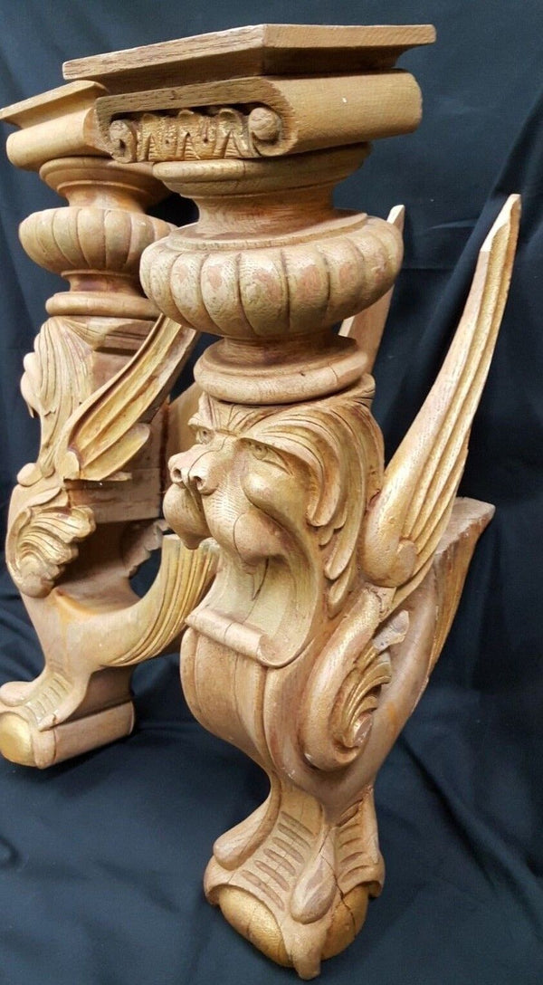 Pair of Antique Hand Carved Oak Griffin Designed Furniture Accessories #GA15