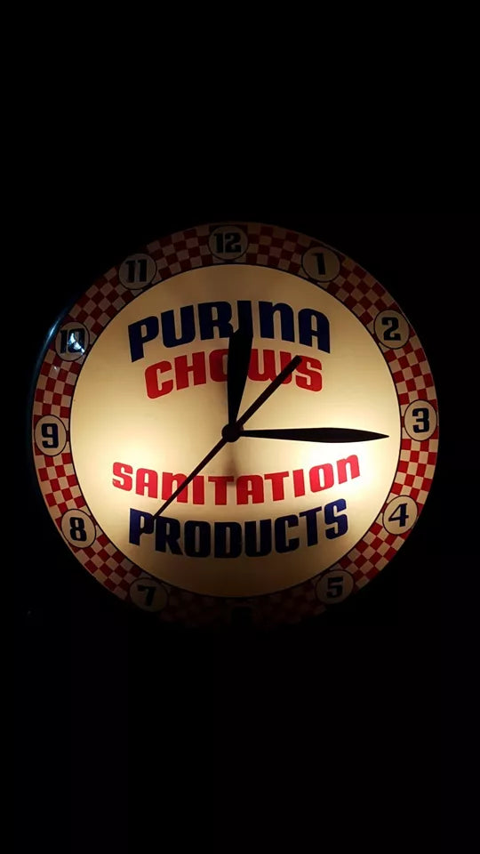 Original Purina Chows Sanitation Products Double Bubble Clock 15" x 5" GS00099