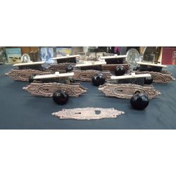 Set of 6 Mortice Lock Sets with Ornate Red Brass Back Plates and Black Porcelain Knobs #GA1178