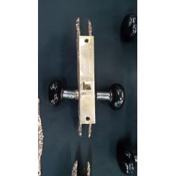 Set of 6 Mortice Lock Sets with Ornate Red Brass Back Plates and Black Porcelain Knobs #GA1178