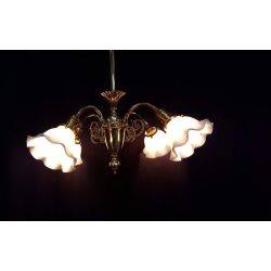 Ornate Brass 4 Light Chandelier with Milk Glass Tulip Shades #GA513