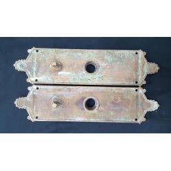 Pair of Art Deco Solid Bronze Door Knob Back Plates with Lock Turn #GA4213