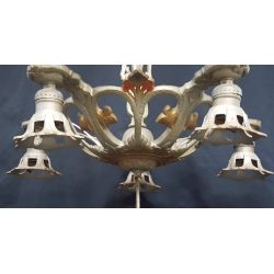 Art Deco 5 Light Hand Painted Chandelier & Matching Ceiling Cap 17 1/2" x 16" #GA740