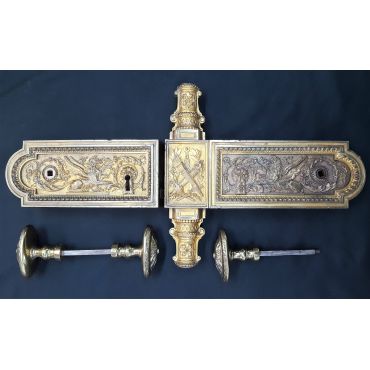 Rare 1800s Ornate Solid Brass Griffin Design Double Door Rim Lock Set #GA1059