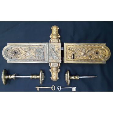 Rare 1800s Ornate Solid Brass Griffin Design Double Door Rim Lock Set with Keys #GA1060