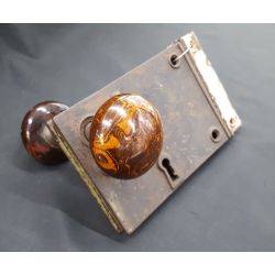 Iron Rim Lock Set with Keeper and Brown Porcelain Door Knobs #GA1107