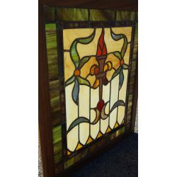 Large Multi Colored Stained Glass Window with Flaming Torch and Ribbon Design in Wood Frame #GA1159