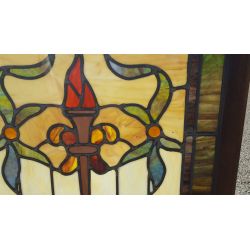 Large Multi Colored Stained Glass Window with Flaming Torch and Ribbon Design in Wood Frame #GA1159