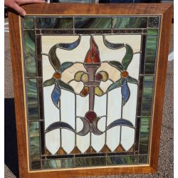 Large Multi Colored Stained Glass Window with Flaming Torch and Ribbon Design in Wood Frame #GA1159