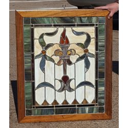 Large Multi Colored Stained Glass Window with Flaming Torch and Ribbon Design in Wood Frame #GA1159