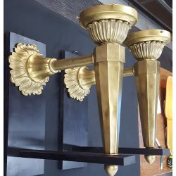 Restored Pair 1920's Fire Station Art Deco Brass Torch Design Sconces #GA1182