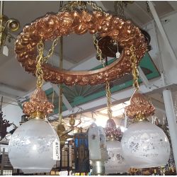 1880's Copper & Brass Wrapped Wreath Chandelier with Four Frosted Shades #GA2013