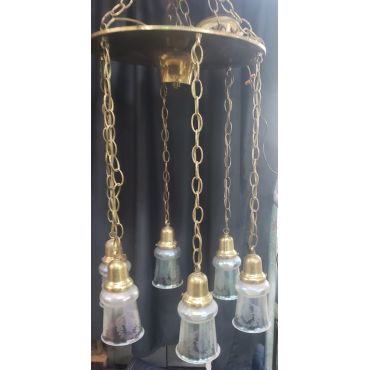 Six Light Round Brass Chandelier with Steuben Etched Glass Iridescent Shades #GA2029