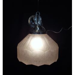 Large Art Deco Etched Glass Pendant Light with Chrome Art Deco Trim & Ceiling Cap #GA2027