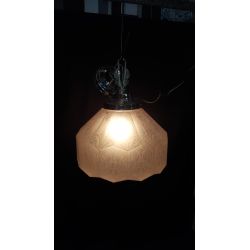Large Art Deco Etched Glass Pendant Light with Chrome Art Deco Trim & Ceiling Cap #GA2027