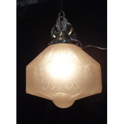 Large Art Deco Etched Glass Pendant Light with Chrome Art Deco Trim & Ceiling Cap #GA2027