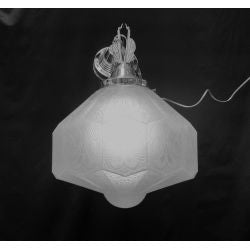 Large Art Deco Etched Glass Pendant Light with Chrome Art Deco Trim & Ceiling Cap #GA2027