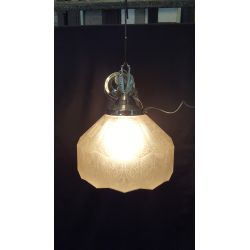 Large Art Deco Etched Glass Pendant Light with Chrome Art Deco Trim & Ceiling Cap #GA2027