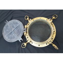 Antique Heavy Duty Solid Brass & Glass Ship's Porthole with Gear & Backplate GA9859