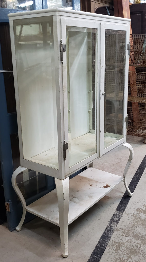 Pair of Steel Medical Cabinets with Beveled & Wavy Glass on Cabriole Legs #GA2190