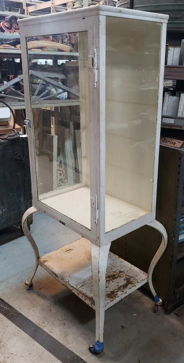 Pair of Steel Medical Cabinets with Beveled & Wavy Glass on Cabriole Legs #GA2190