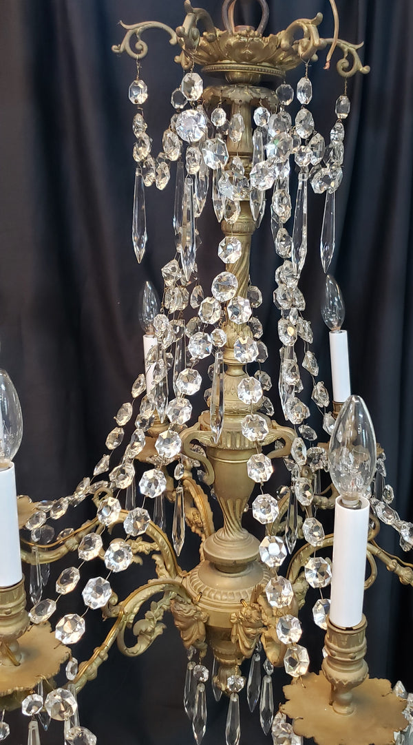 Restored Early Dury Bronze Electrified 6 Light Crystal Prism Chandelier #GA2198