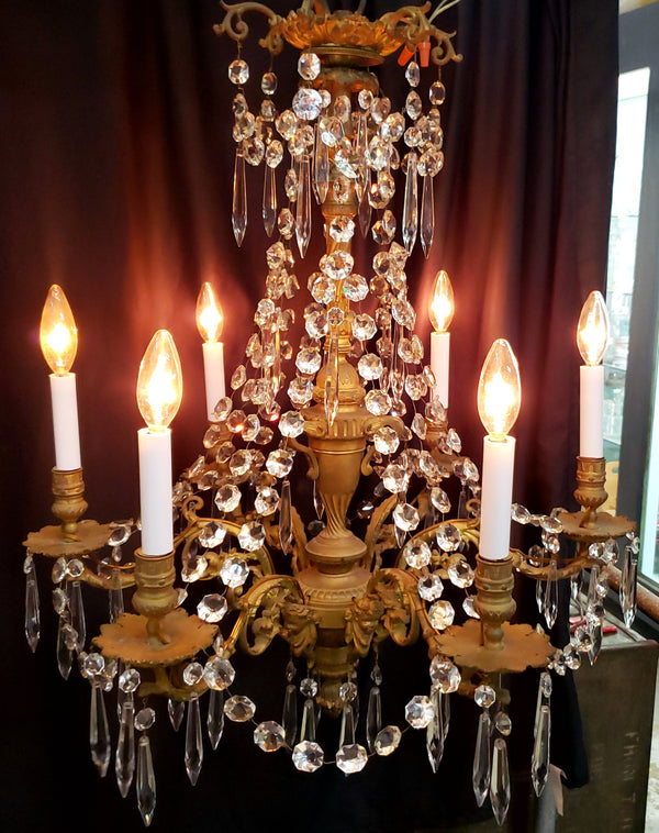 Restored Early Dury Bronze Electrified 6 Light Crystal Prism Chandelier #GA2198